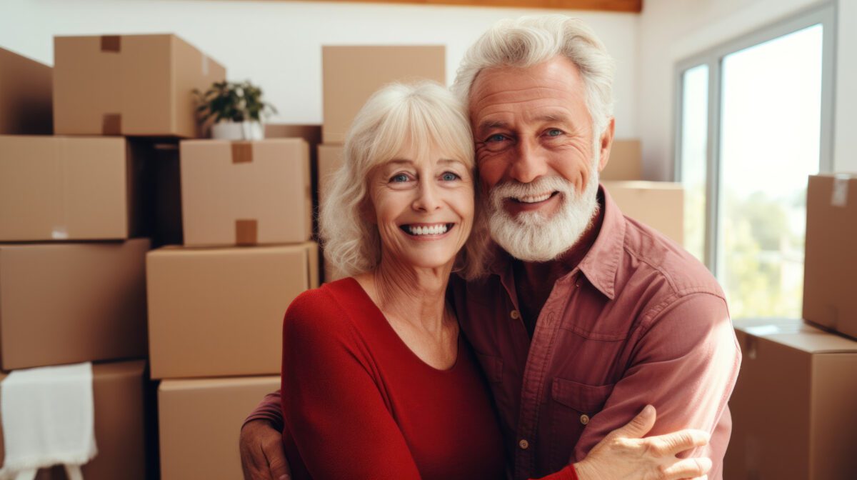 Happy senior couple middle 60s aged woman and man at home with card boxes. Relocation, hospice, new home Haushaltsverkleinerung